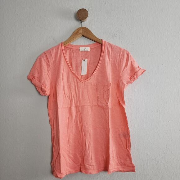 NEW T.la Anthropologie Mango Orange Classic V-Neck Short Sleeve Pocket T-Shirt - Picture 2 of 8